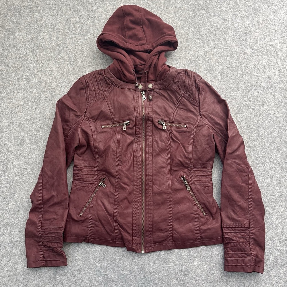 LOCK & LOVE Women's Faux Leather Moto Biker Jacket Removable Hood Sz L RED